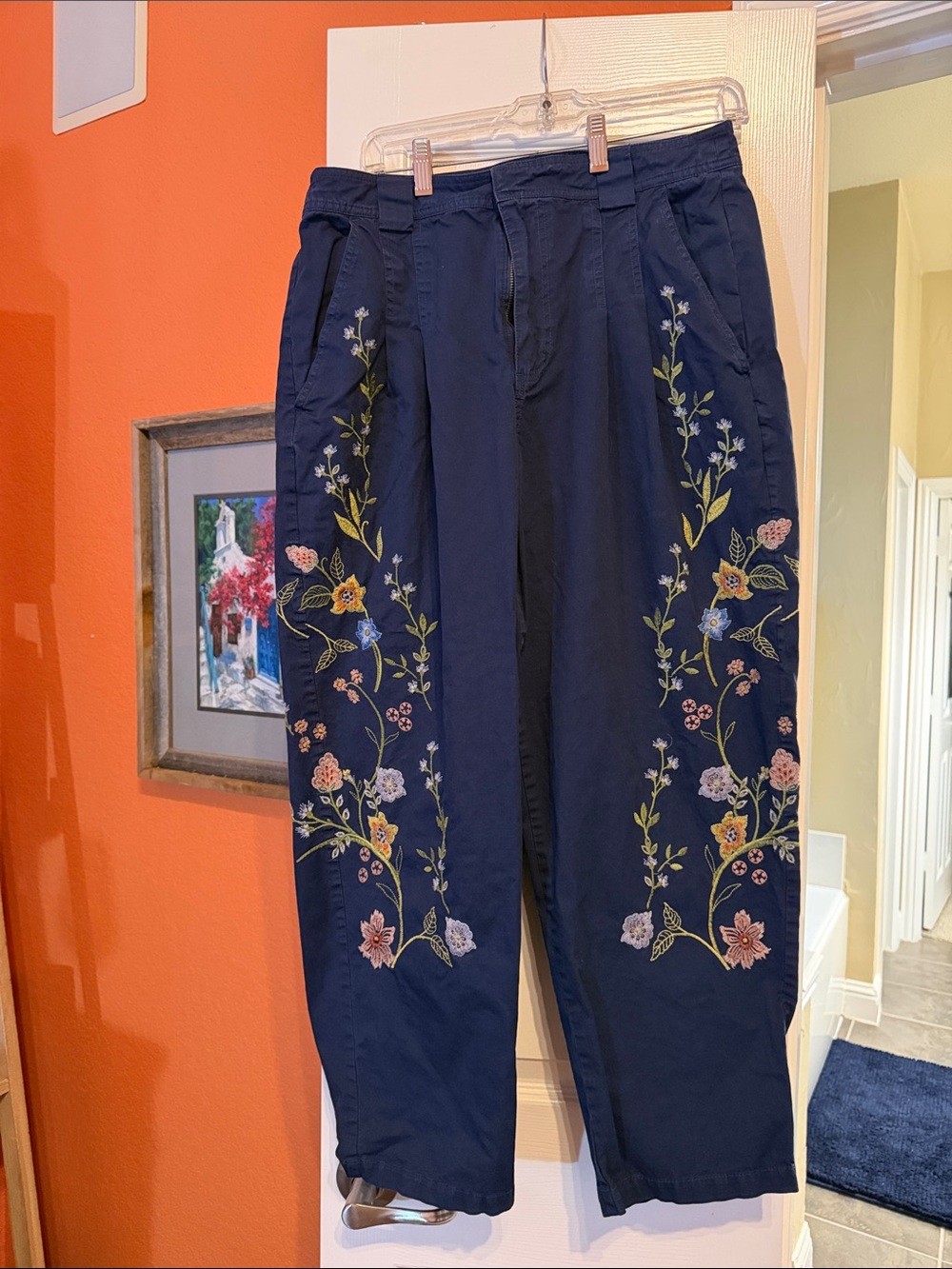 Navy Embroidered Floral Sundance Pants.  Barrel fit.